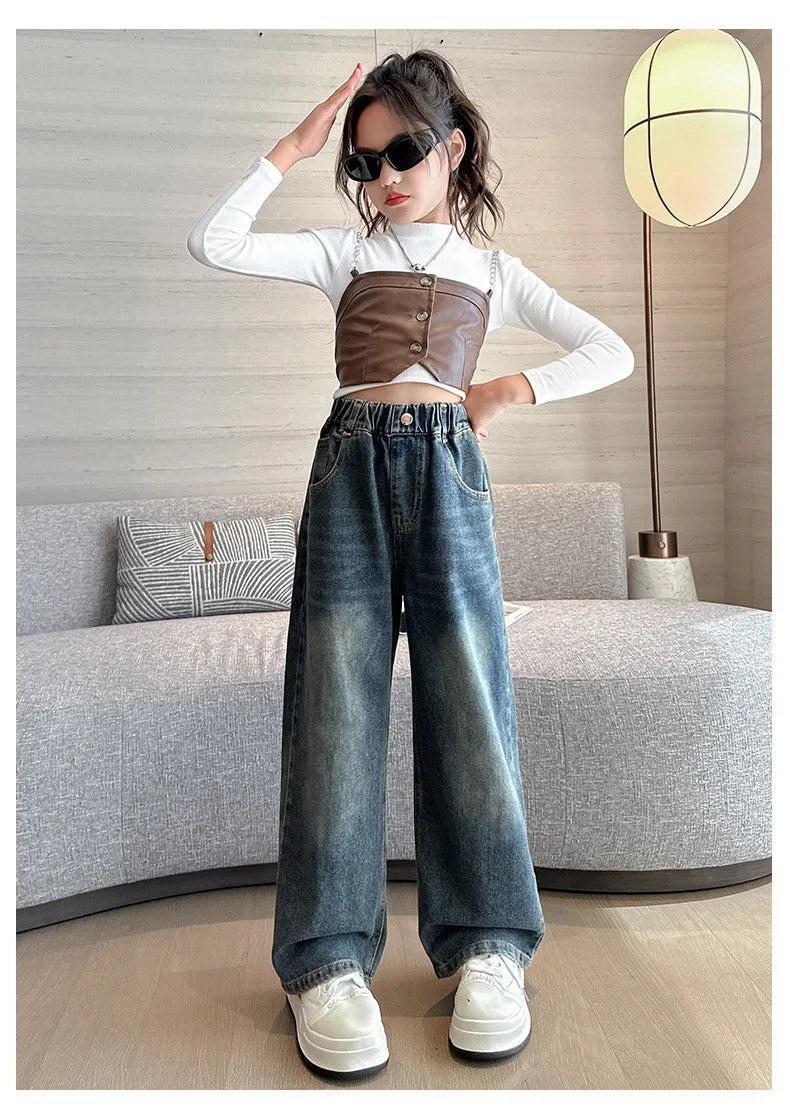 Girl's Pocket Bow Embroidery Jeans™ Teenage Wide Leg Loose Denim Pants