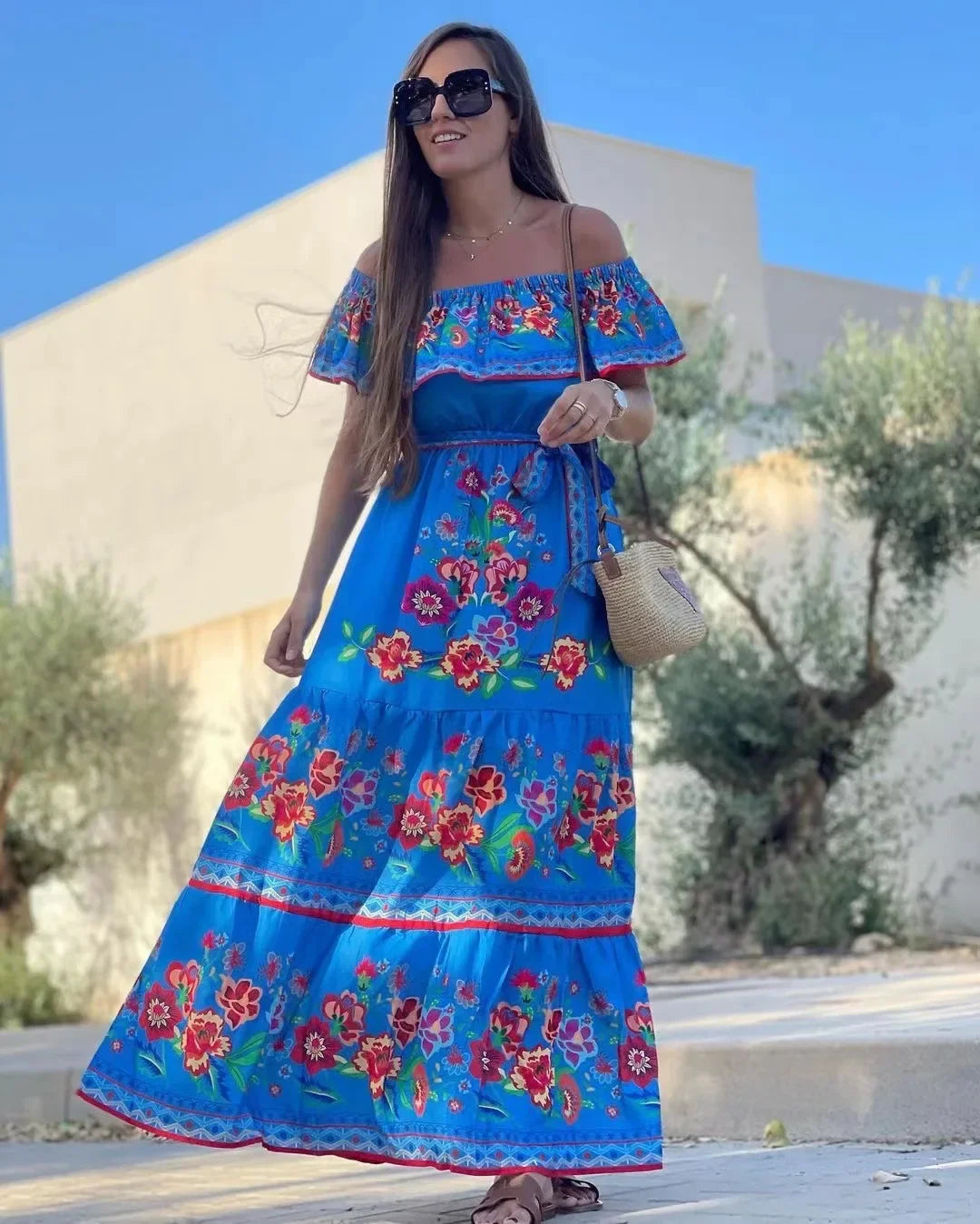 Women's Spring Summer Dresses™ Stand Off-shoulder Red Flower Printing Long Oversized Wide Hemline Sleeveless Dress