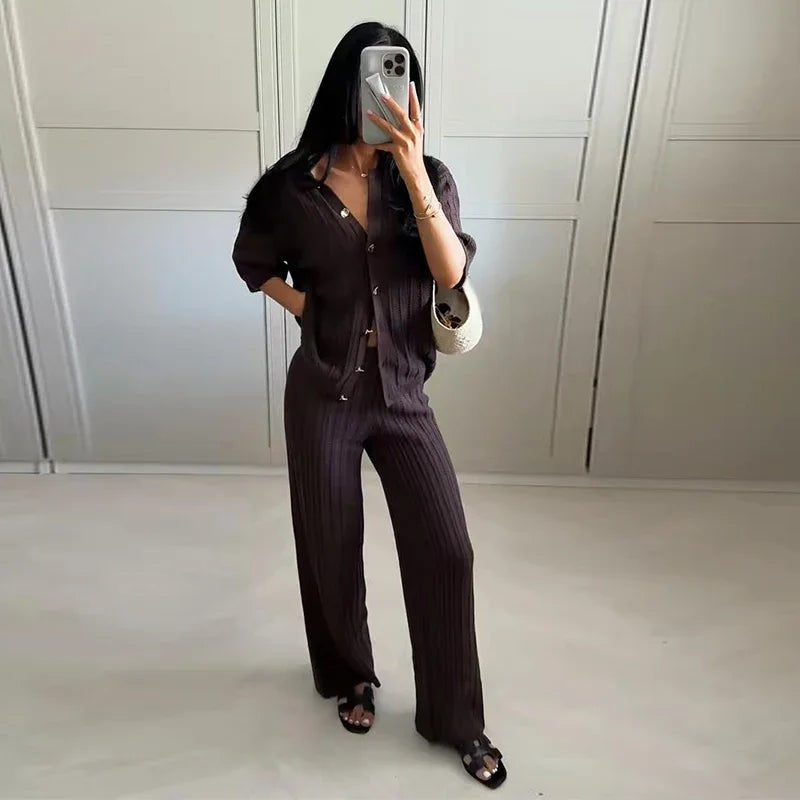Women's Knitted Pants & Tops Set™ Turn Down Collar Half Sleeve Tops & Elastic Waist Straight Trousers Outfits