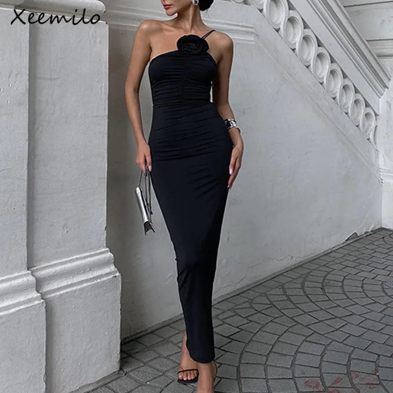 Women's Solid Sleeveless Slim Dress Aesthetic Oblique Strap Backless Prom Dresses