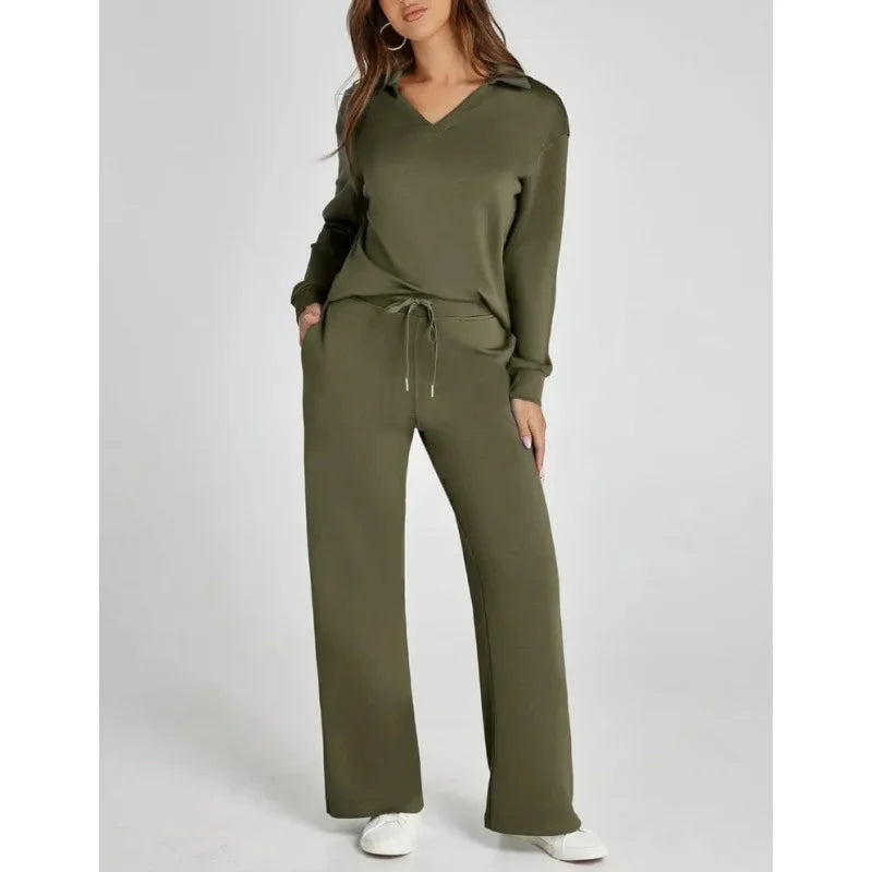 Women's 2 Piece Set™ Loose Long Sleeve V-Neck Top with Drawstring Elastic Waist Bell BottomsSet