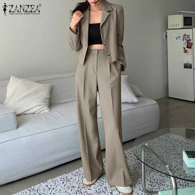 Women's Vintage Tracksuit™ ZANZEA Elegant Blazer Long Sleeve Tops Wide Leg Pants Work Suit