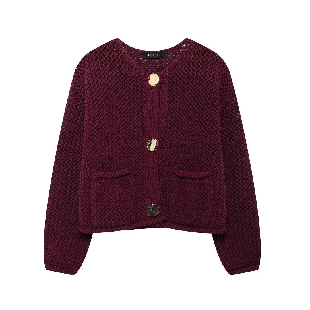Women's Cardigan Sweater™ TRAFZA Vintage Cardigan Female Metal Buttons Long Sleeve Coat With Pockets Knitwear