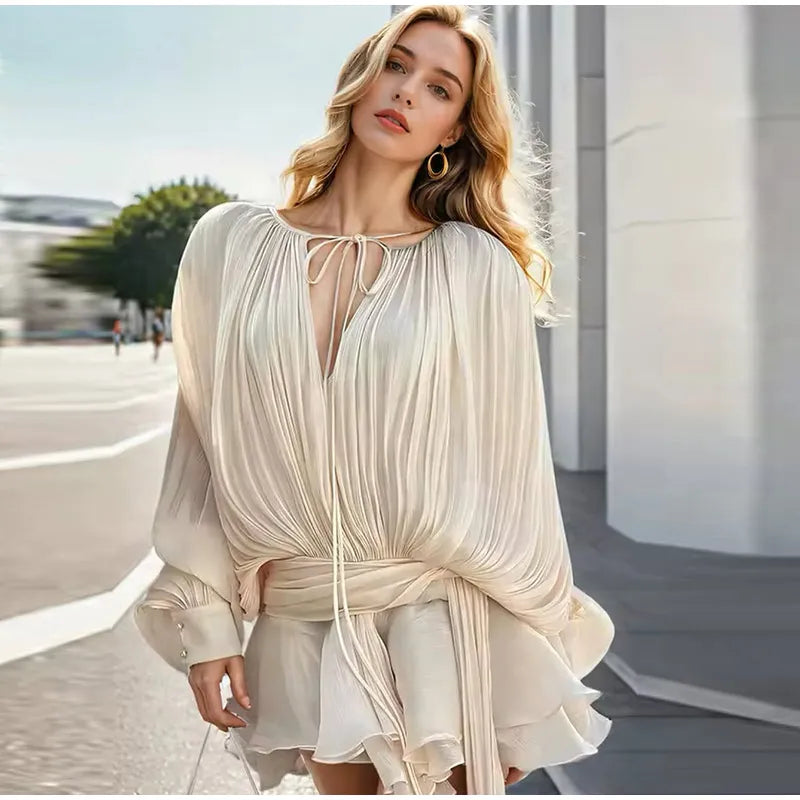 Women's Flounce Dress™ Loose V Neck Lace Up Hollow Out Lantern Sleeves Dress