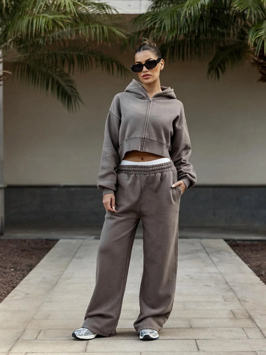 Women's Fall Winter Hooded Sweatshirt Set™ Long Sleeve Short Top & Drawstring Waist Pants