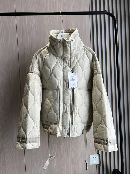 Women's Quilted Coat™ drawstring ties high neck pocket clip cotton jacket for women