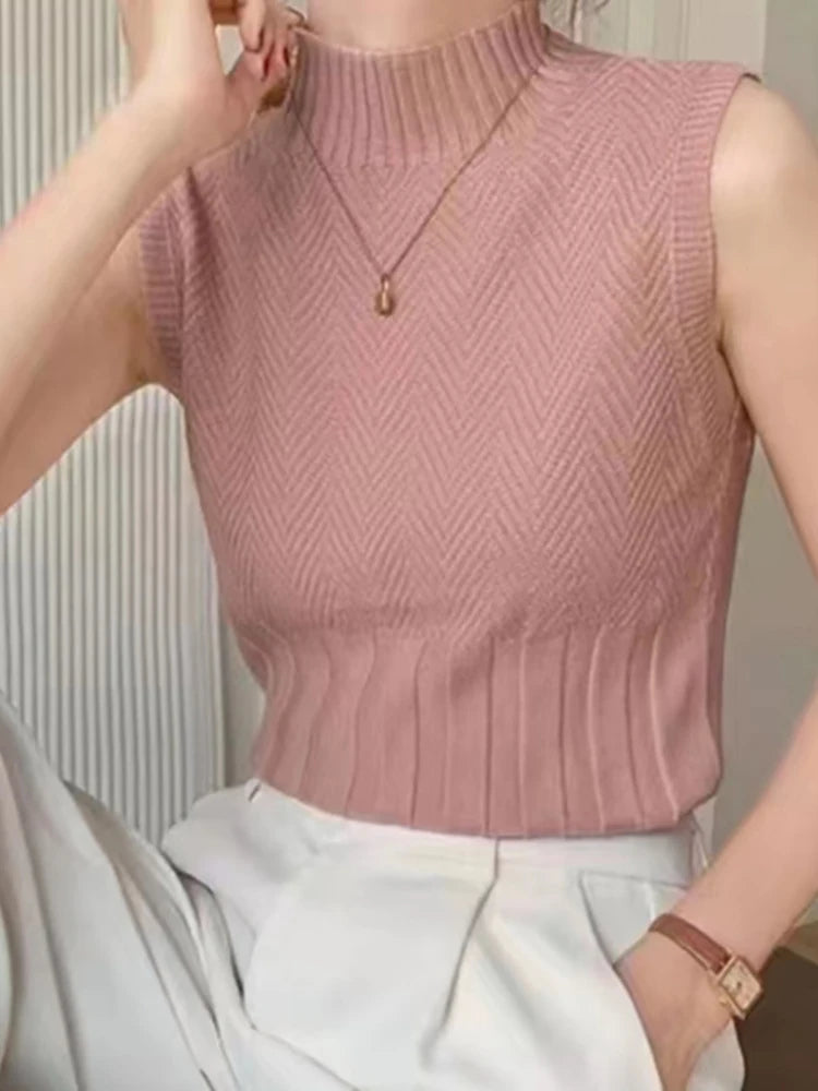 Women's HELIAR Summer Knitted Tank Tops™ Solid Sleeveless Half High Collar Slim Base T-Shirts