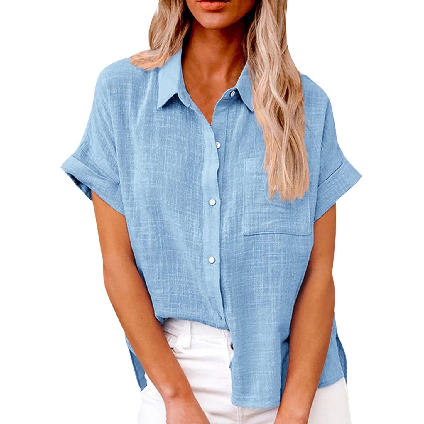 Women's  Cotton Linen Classic Shirts™ Short Sleeve Lapel Button Down Shirt