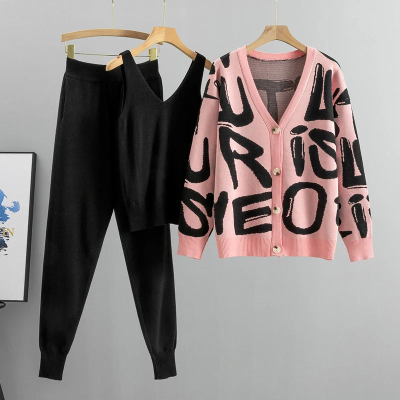 Women Tracksuit™ Spring Autumn 3 Piece Women Cardigan Tracksuits Knitted Pocket Pant Set Ladies Sweater