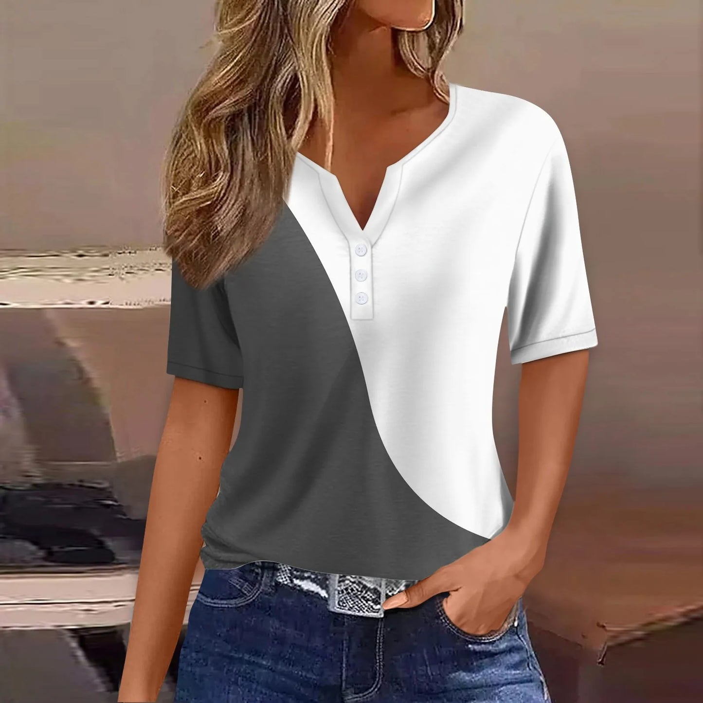 Women's Summer Patchwork T-Shirts™ Short Sleeve Loose Ladies V-Neck Tops