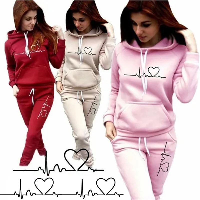 Printed Women's Suit™ Hooded Heartbeat Line Sweatshirt Pants Set