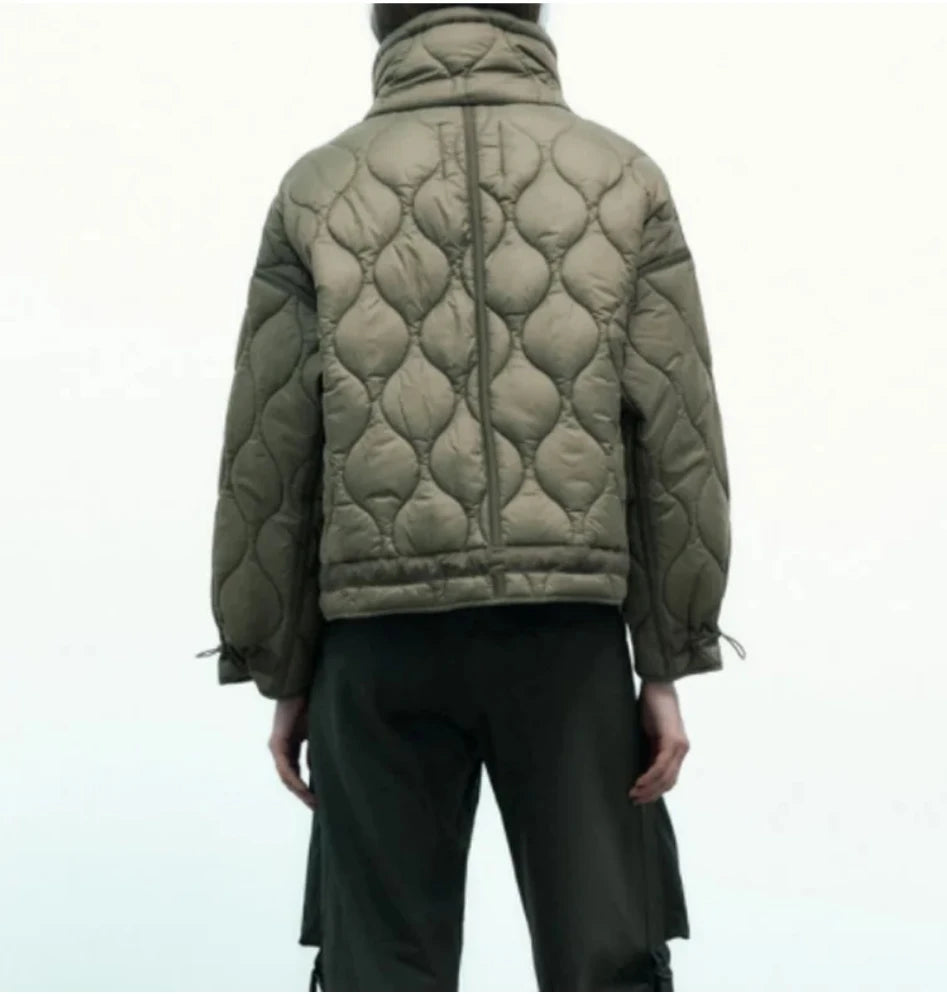 Women's Quilted Coat™ drawstring ties high neck pocket clip cotton jacket for women