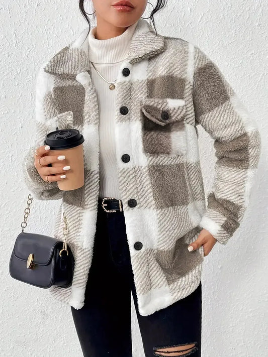 Women's Jacket™ Open-button lapel plaid coat plaid pattern button front jacket warm