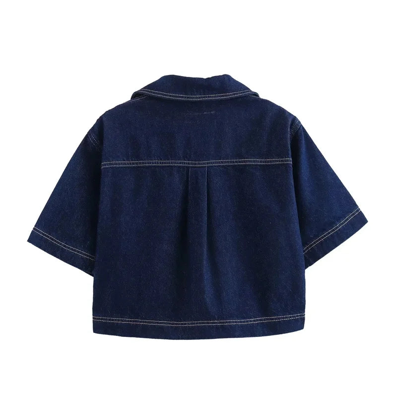 Women's TRAF Blue Denim Suit™ Short Sleeve Cropped Shirt & Short Y2k Set