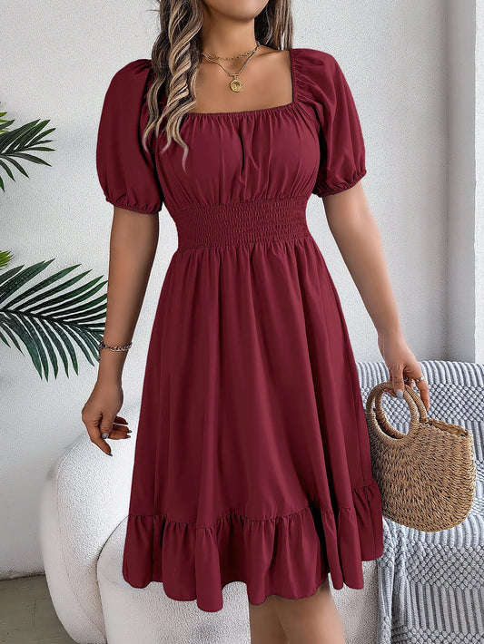 Women's Solid Puff Sleeve Square Neck Dress™ Ruched Bust Ruffle Hem Waist Dress,