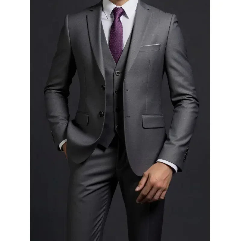 Men's Suit (Blazer+ Vest + Trousers) British Style Solid-color Suit