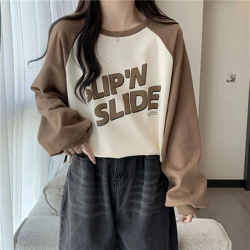 Women's Letter Printed T-Shirt™ Autumn Winter Thickened Frosted Color Block Shoulder Sleeve Lazy Loose Large Version Round Neck T-Shirt