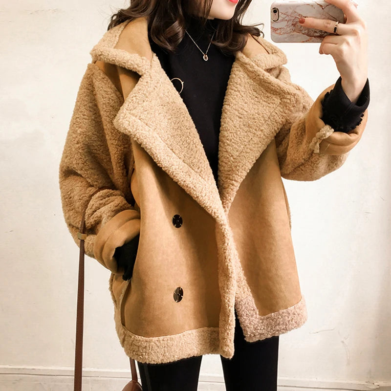 Woman's Lamb Wool Plush™ Shearling Long Sleeve Casual American Retro Short Jacket