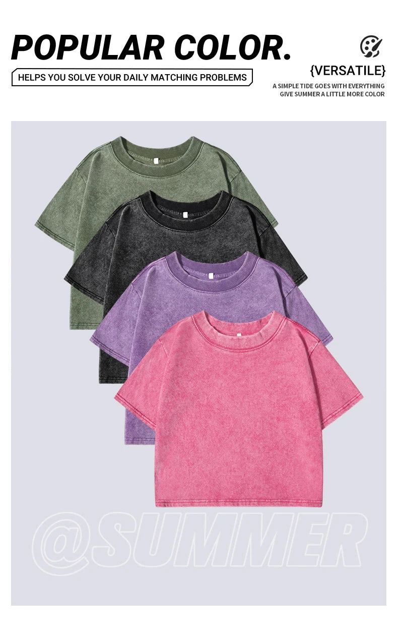 Women's Short Washed T-Shirts™ Soft Cotton Short Sleeve Retro Crop Tees