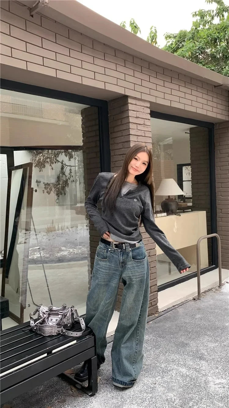 Women's T-Shirt™ Long Sleeves Korean Fashion Style O-neck Fake two items T-shirt