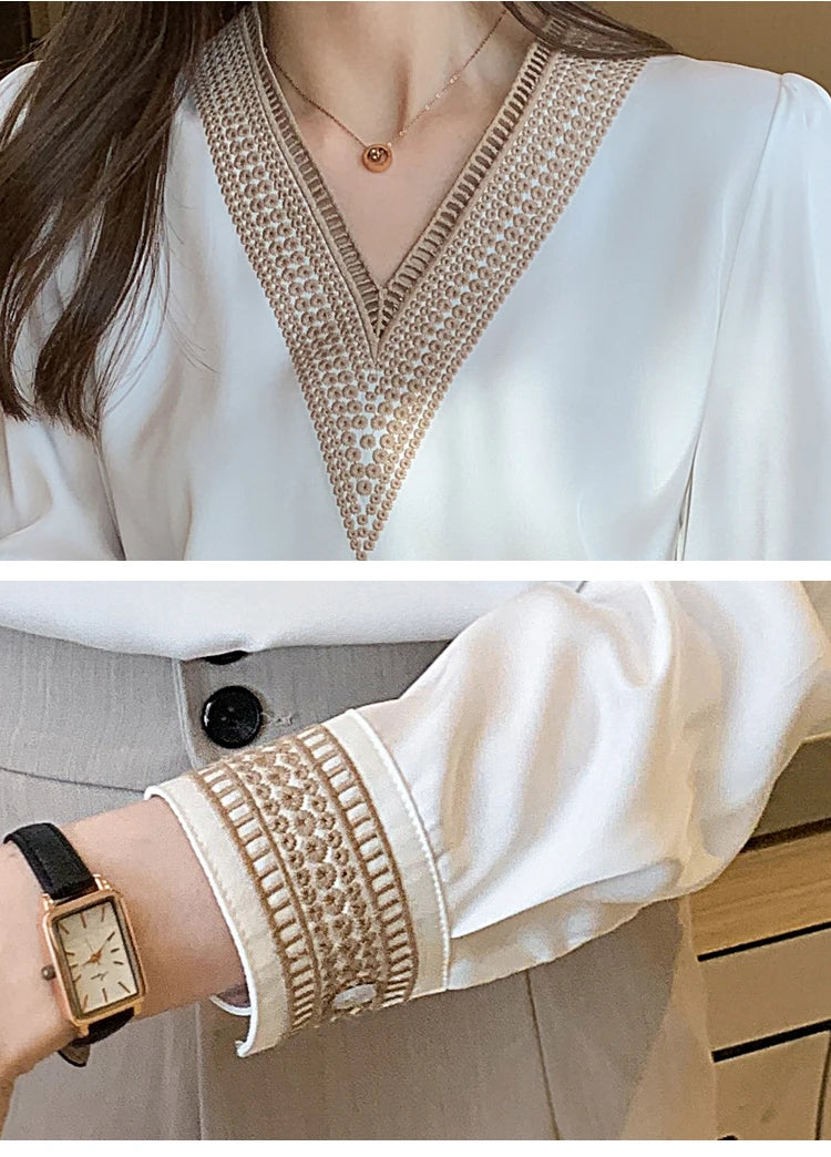 Women's Elegant Chiffon Shirt™ White V Neck Casual Loose Long Sleeve T-shirt