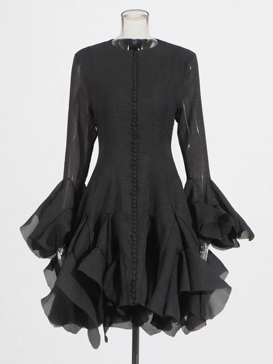 Women's Dress™ VGH Sweet Ruffles Elegant Knee Length Round Neck Flare Sleeve High Waist Spliced Button Dress