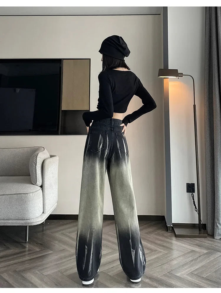 Women's High-waisted Black Grey Denim Pants™ Bell Bottoms Tie-dye Gradient Jeans