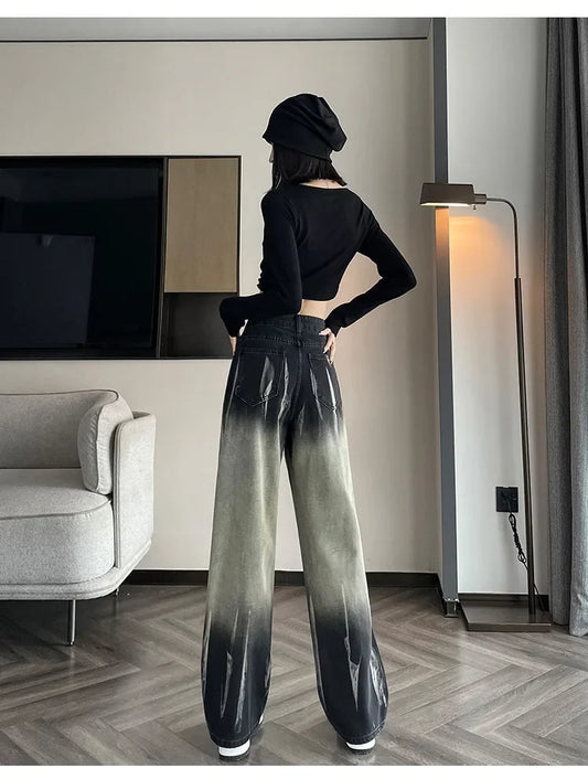 Women's High-waisted Black Grey Denim Pants™ Bell Bottoms Tie-dye Gradient Jeans