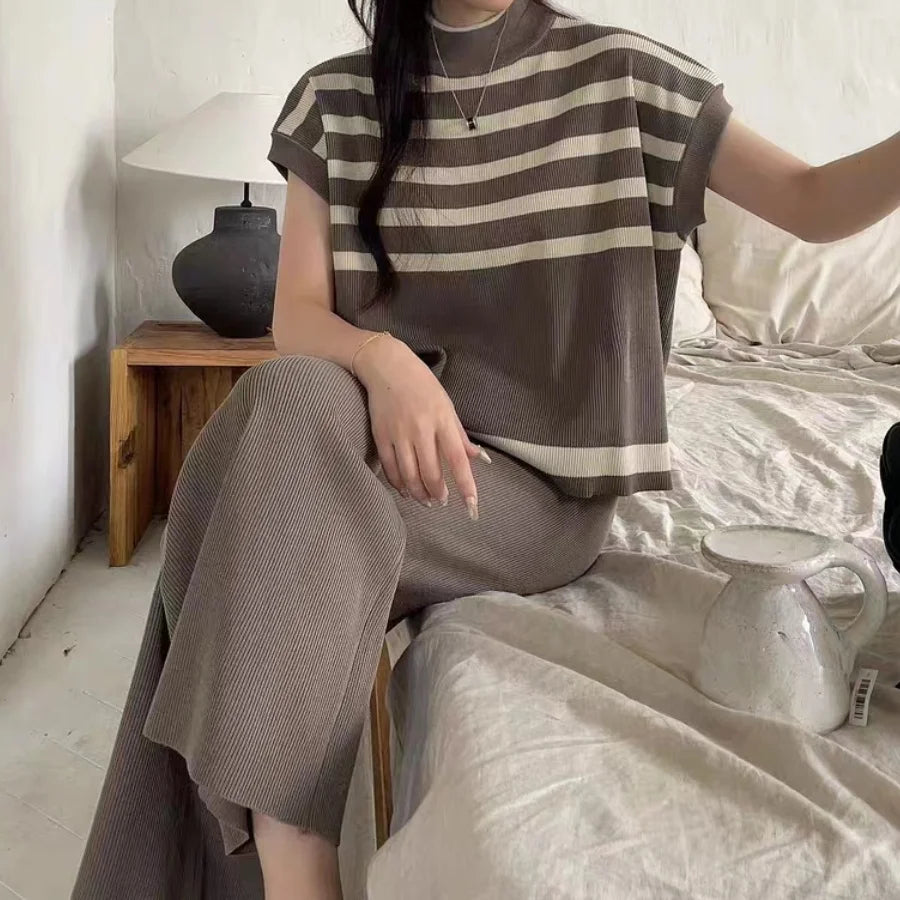 Women's Summer Suit™ 2 Pieces Set O-Neck Sleeves Tank Top Stripe Sweater Wide Leg Pant Set Outfit