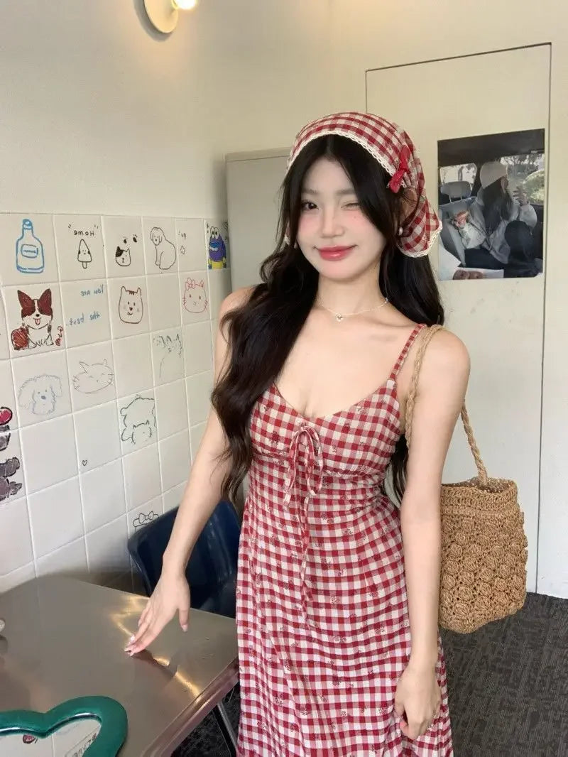 Women's Red Plaid Strapless Slim Fit Summer Dress™ French Style Backless Long Dress