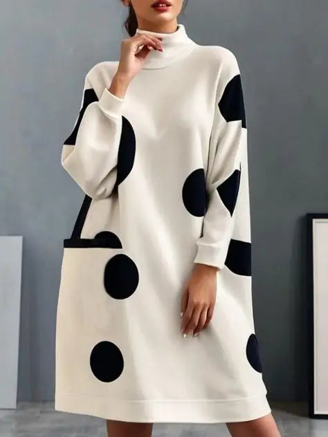 Women's Polka Dot Dress™ Krismile Long Sleeves Loose Pockets Mock Neck Dress