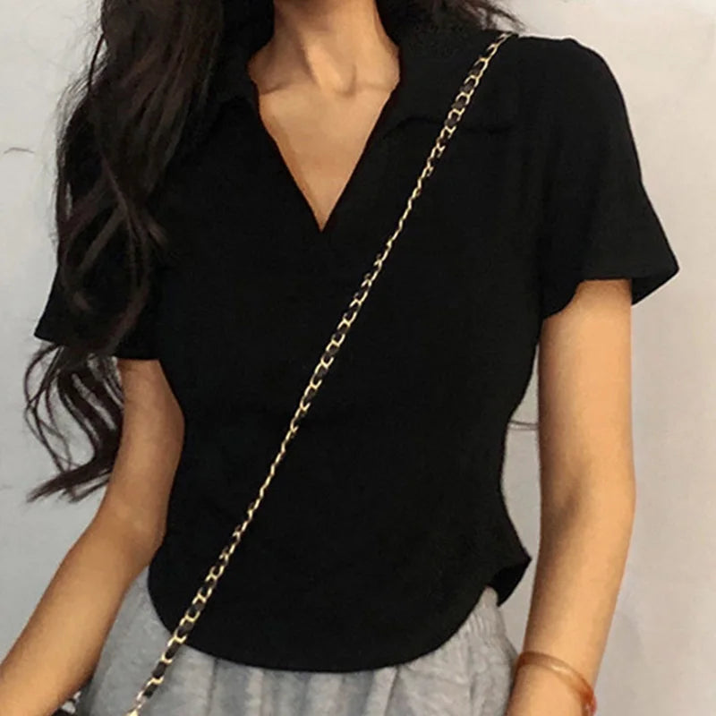 Women's Summer Short Sleeve Lapel Tops™ V-Neck Retro Slim Versatile Tee
