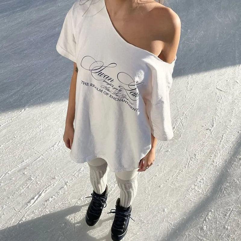 Women's Summer T-Shirt™ Letter Print Graphic Oversized One Shoulder Tops