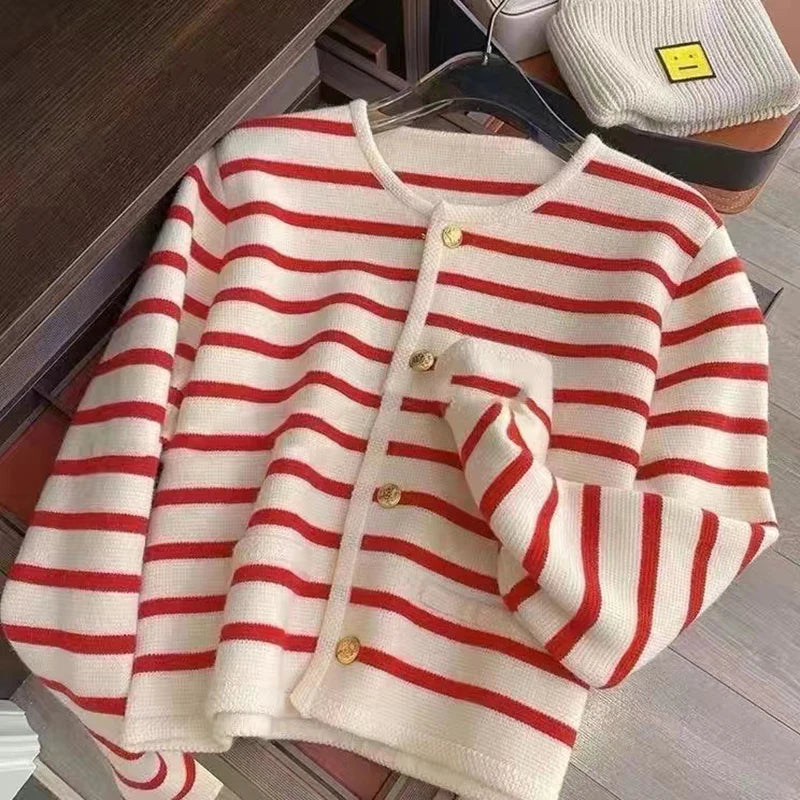 Women Stripe Knitted Cardigans Sweater™ O-neck Single Breasted Long Sleeve Sweaters