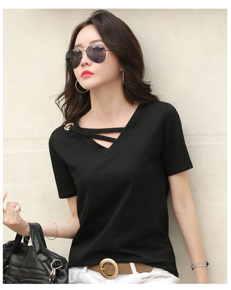 Women Short Sleeve Heart-neck T-shirt™ Half-sleeve Loose Tops