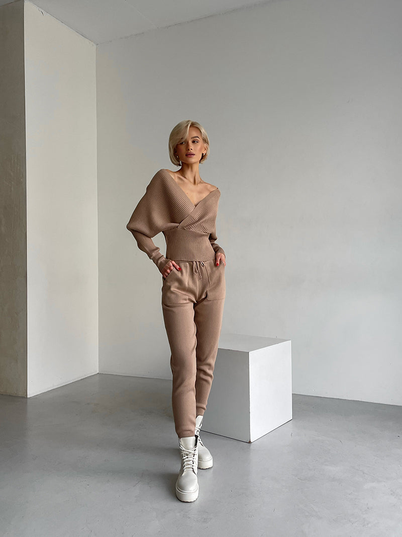 Women's Knitted Tracksuit™ Off Shoulder Knitted Long Sleeve Sweater  and Pants Suits