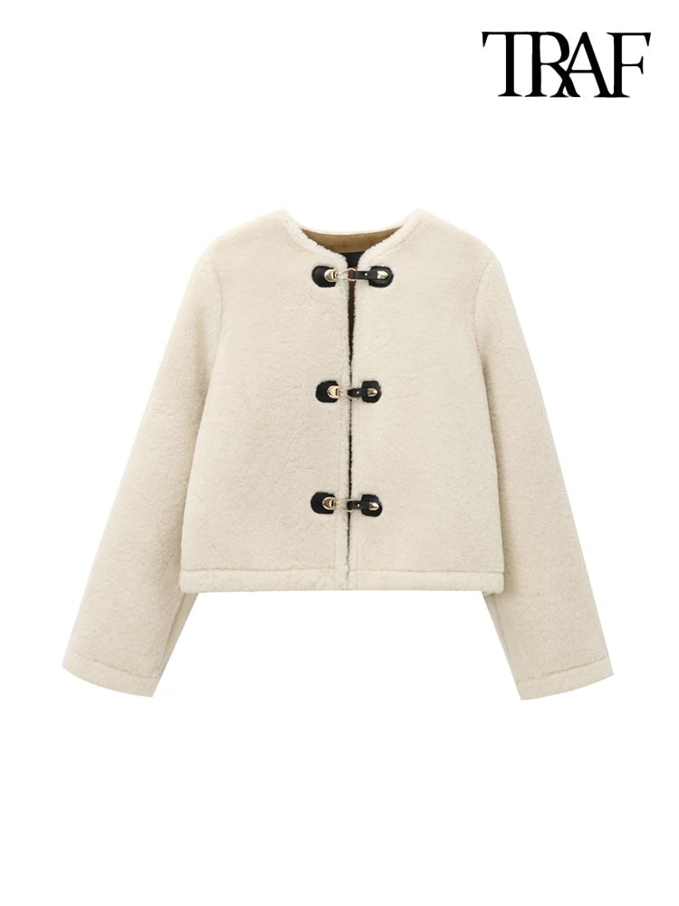 Women's Thick Warm Faux Fur Jacket™ TRAF Long Sleeve Coat, Front Toggle Coat