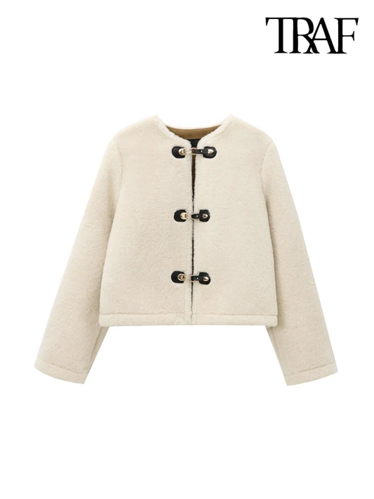 Women's Thick Warm Faux Fur Jacket™ TRAF Long Sleeve Coat, Front Toggle Coat