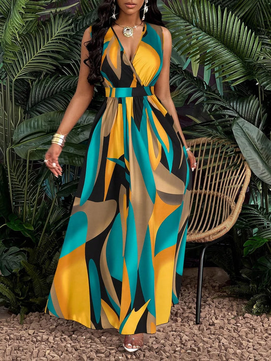 Women's Print V-Neck Long Dress™ Knit Fit And Flare Maxi Dress