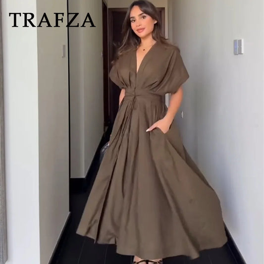 Women's Dresses™ TRAFZA Vintage Fashion Single Breasted Sashes Draped V Neck Sleeveless Dresses
