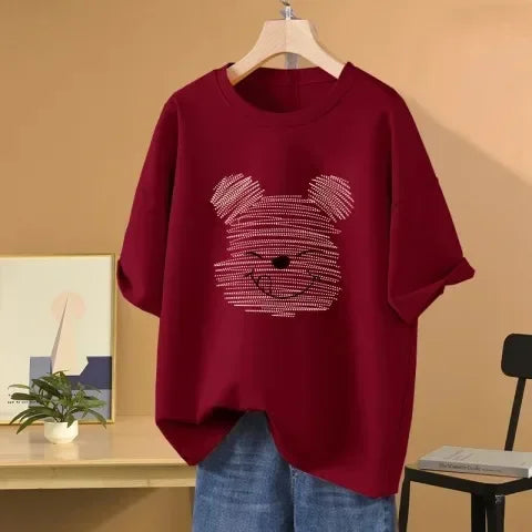 Women's Oversized Half Sleeve T-shirt Loose Fit Vintage Cartoon Bear Design T-shirt