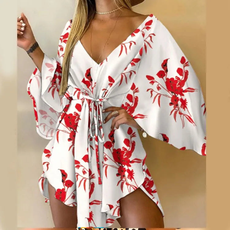 Women's Print V-Neck Bat Sleeve Ruffe Dress™ Flowers Print Bohemian Beach Mini Dresses