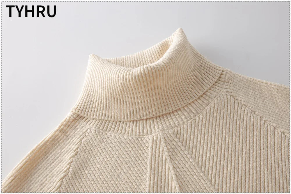 Women's tracksuit™ TYHRU Autumn Winter Knitted Striped Turtleneck Sweater and Elastic Trousers Set