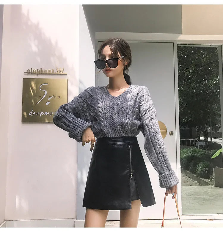 Women's Mini Dress™ Fashionable Zippered Pu Leather Slimming High-waisted A- line Skirt