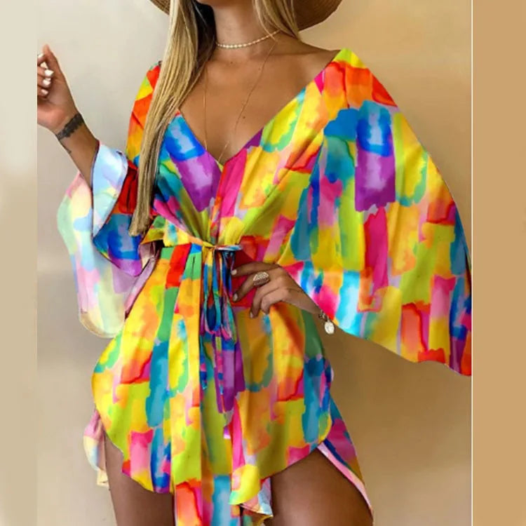 Women's Print V-Neck Bat Sleeve Ruffe Dress™ Flowers Print Bohemian Beach Mini Dresses