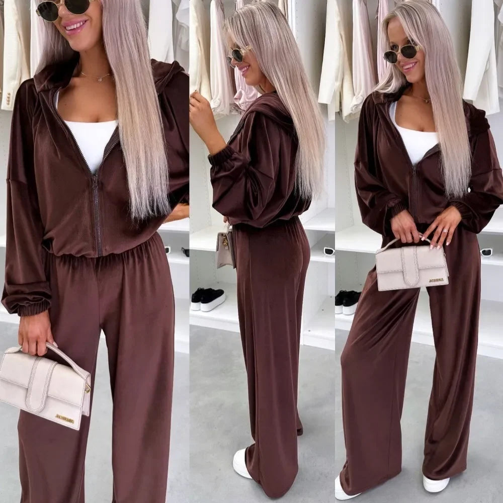 Women's  Casual Outfit™ Zipper Hooded Cardigan + Wide Leg Pants Two Piece Set
