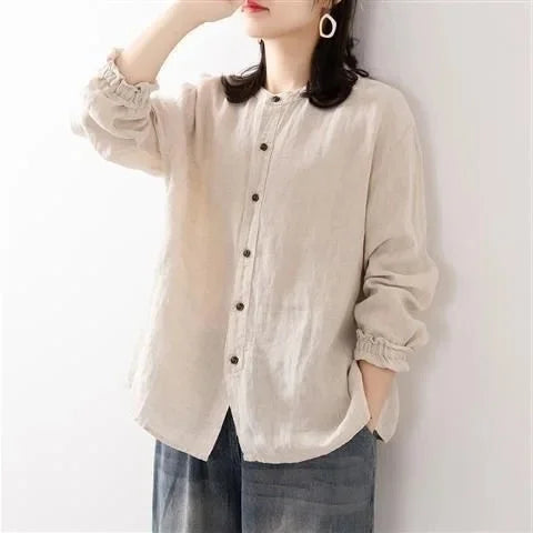 Women's Cotton Linen Shirts™ Loose Fit Round Neck Plus Lantern Sleeve Shirt