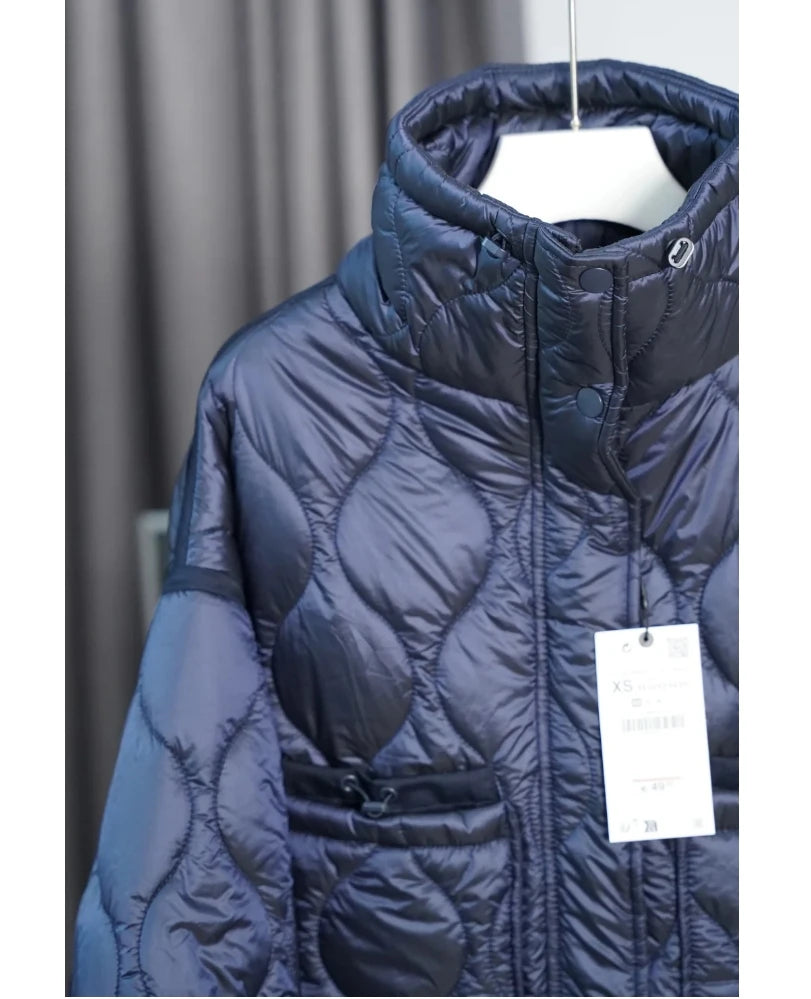 Women's Quilted Coat™ drawstring ties high neck pocket clip cotton jacket for women
