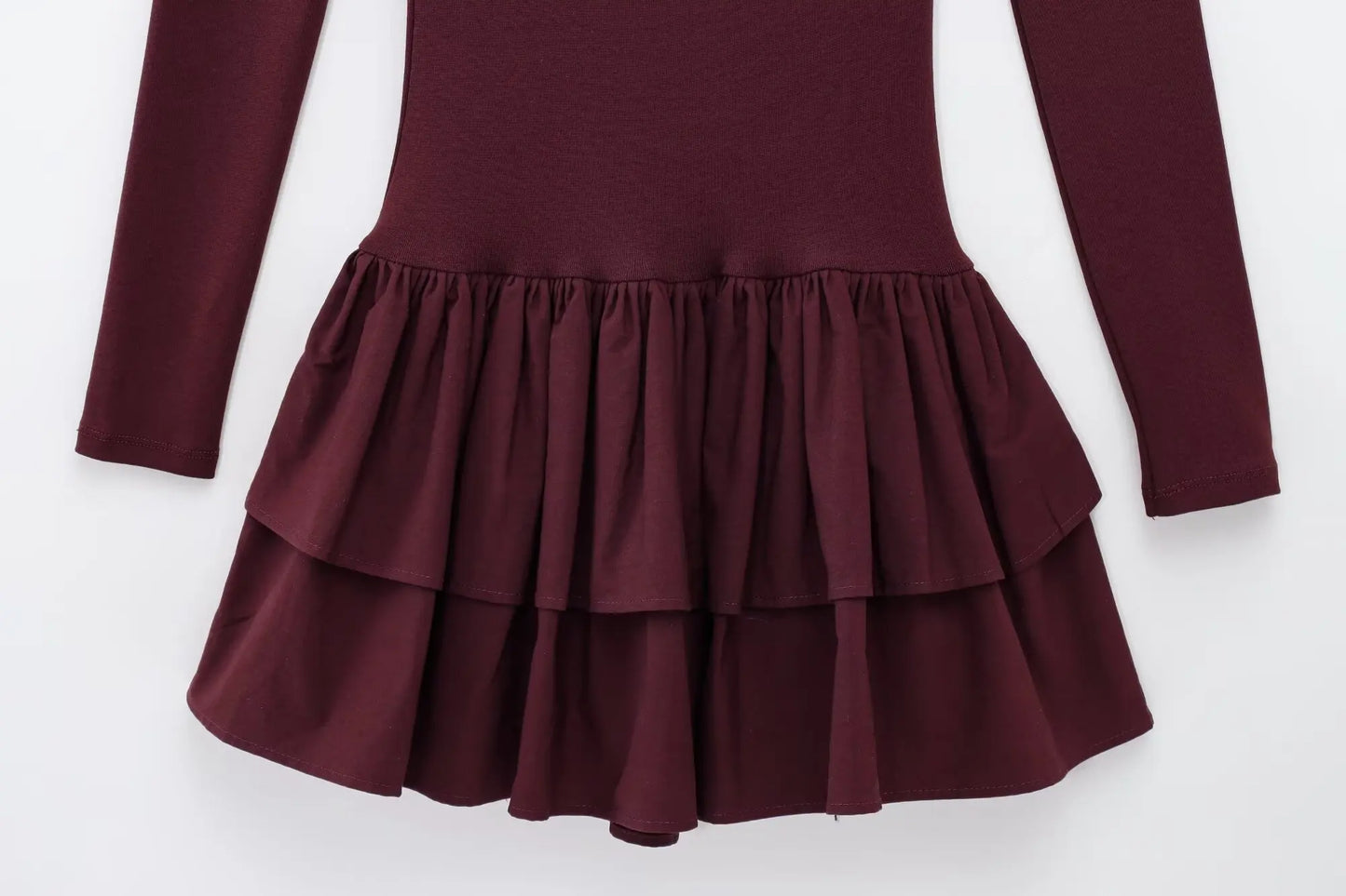 Women Dress™ TRAFZA Long Sleeve Dress Layered Hem Stretch Slim Brown Short Dress