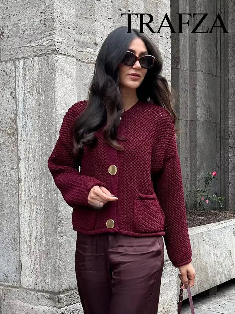 Women's Cardigan Sweater™ TRAFZA Vintage Cardigan Female Metal Buttons Long Sleeve Coat With Pockets Knitwear